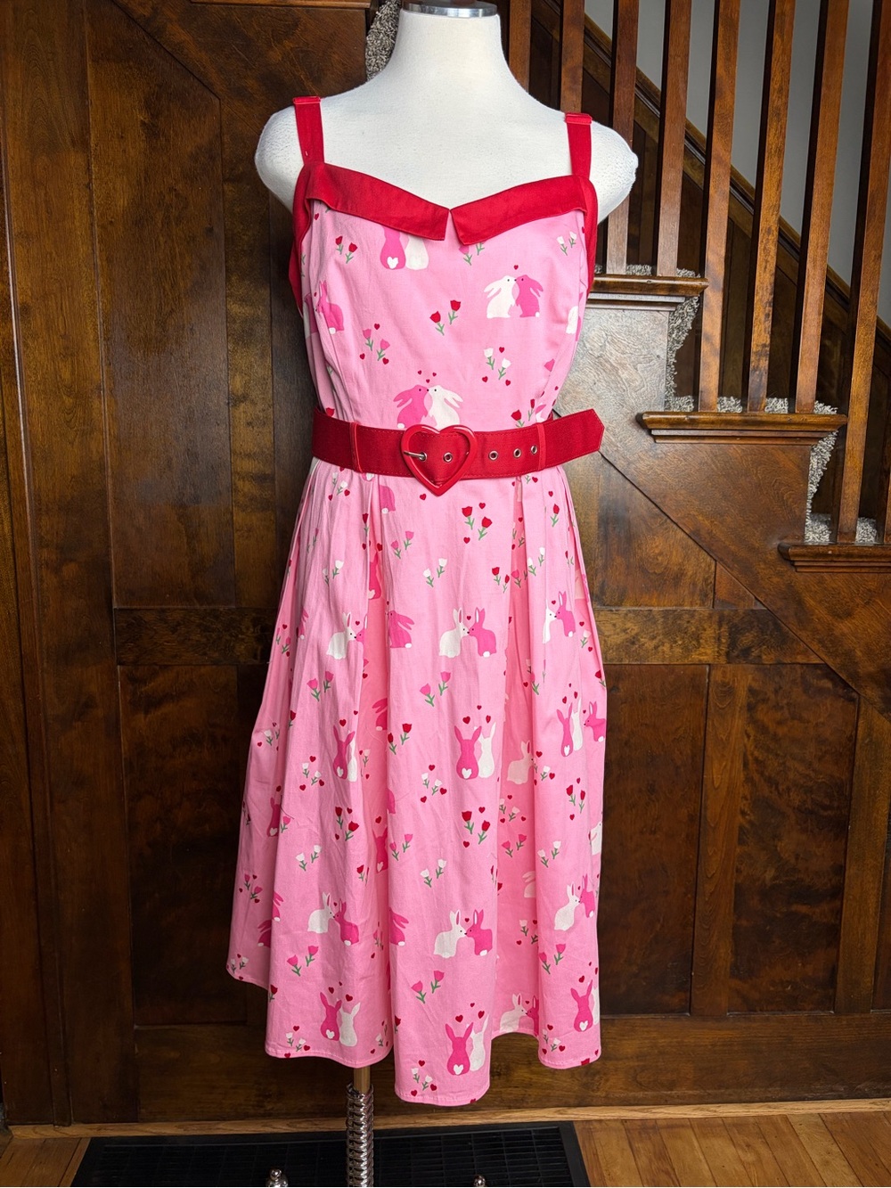 Collectif London Pink Bunny Rabbit Heart Print Fit & Flare Dress Belted US 14
